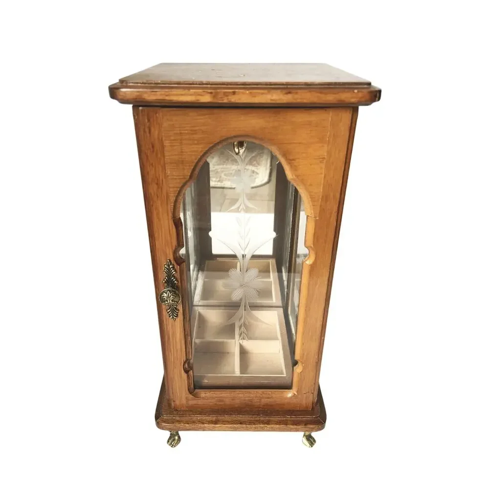 Vintage 1980s Wooden Etched Glass Jewelry Box Chest The Comadore by Rosalco